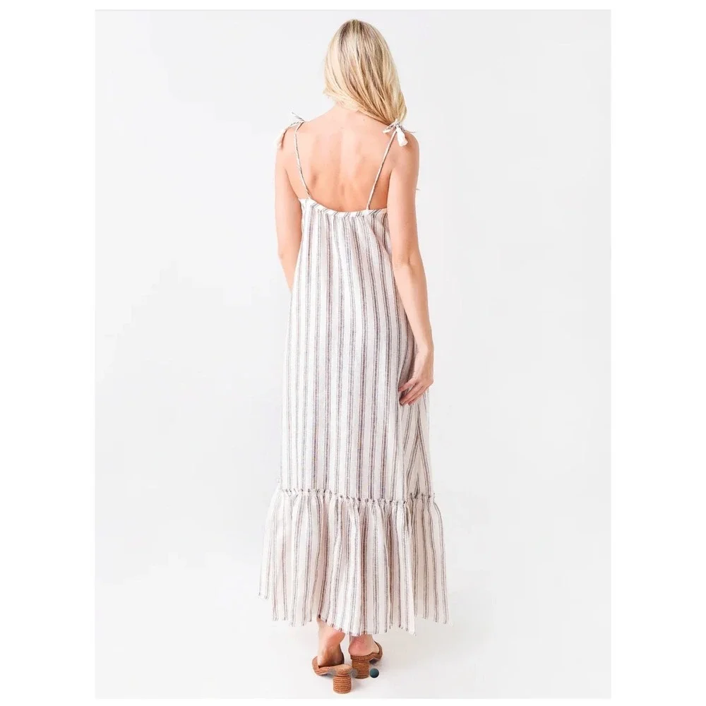 Tory Burch Striped Linen Maxi Dress Brown Cream Tassel Tie Straps 87512 Small